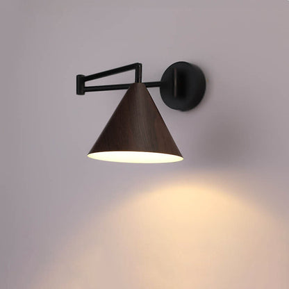 Swing Arm Wall Sconce with Conical Shade for Bedside Reading, Adjustable Iron Fixture in Walnut Finish, E26 Base, Bedroom Task Light