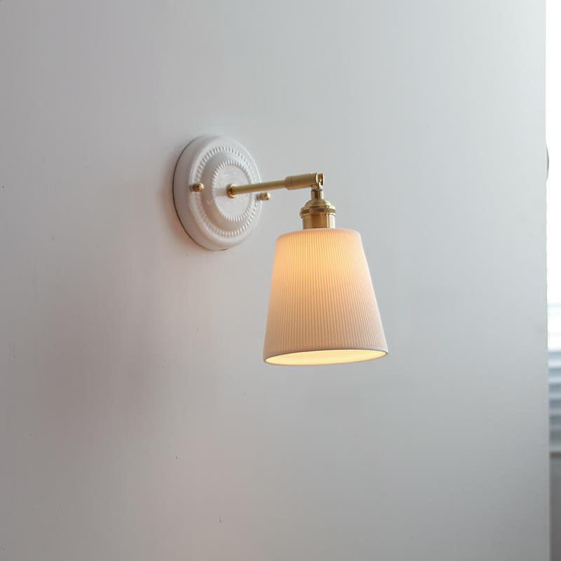 Pleated Shade Wall Sconce Lamp with Brass Arm for Bedroom Living Room & Study | Retro Japanese Style Ceramic Fixture