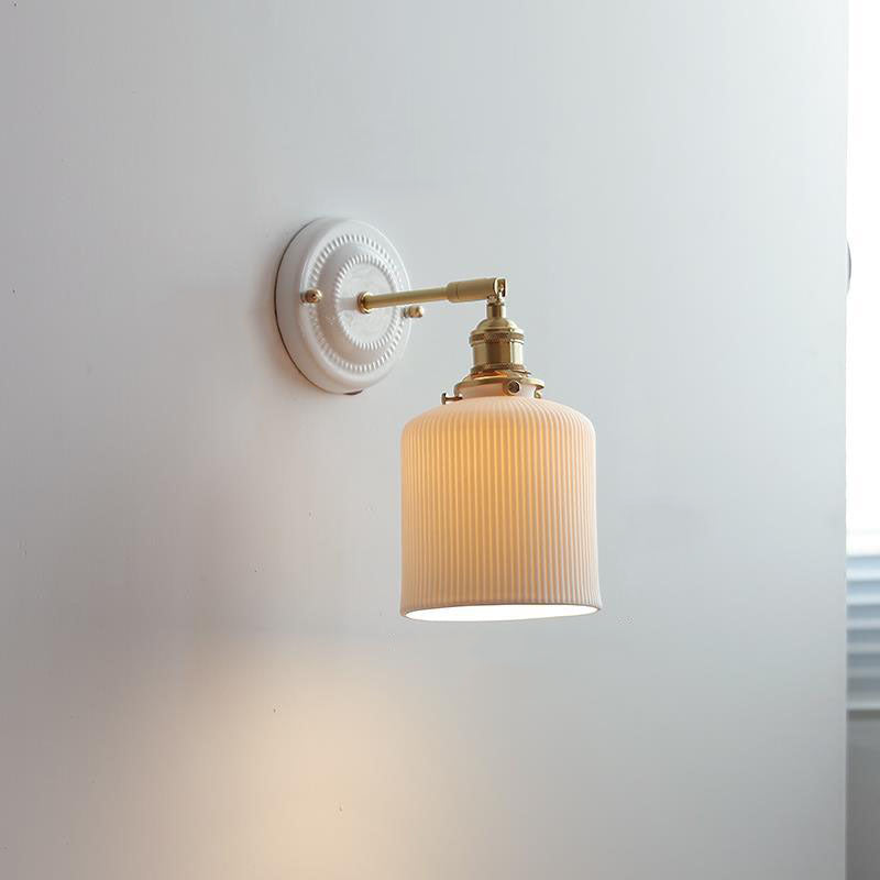Pleated Shade Wall Sconce Lamp with Brass Arm for Bedroom Living Room & Study | Retro Japanese Style Ceramic Fixture