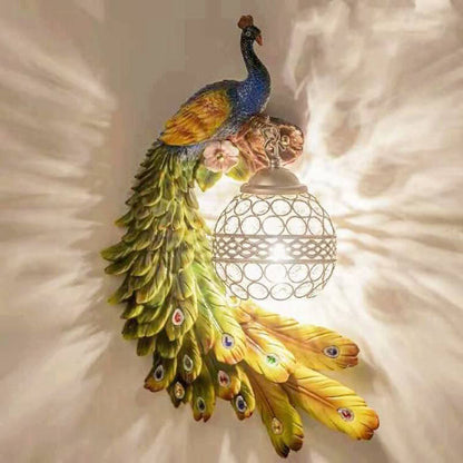Crystal Globe Peacock Wall Light Fixture Decorative Resin Single Bulb Sconce for Bedroom Living Room Hallway Entryway Home Decor