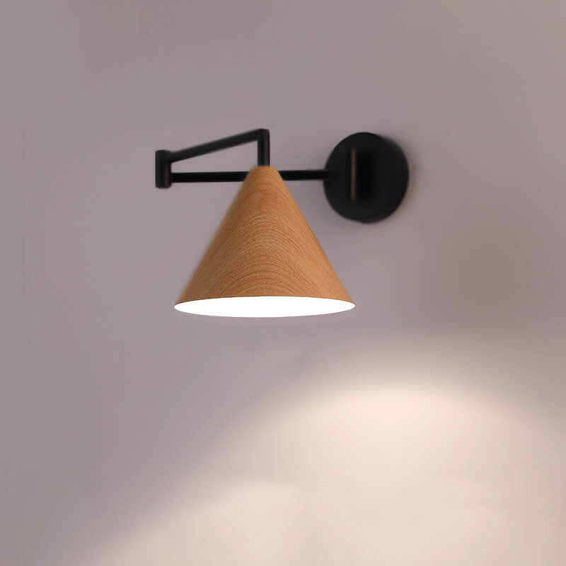 Swing Arm Wall Sconce with Conical Shade for Bedside Reading, Adjustable Iron Fixture in Walnut Finish, E26 Base, Bedroom Task Light