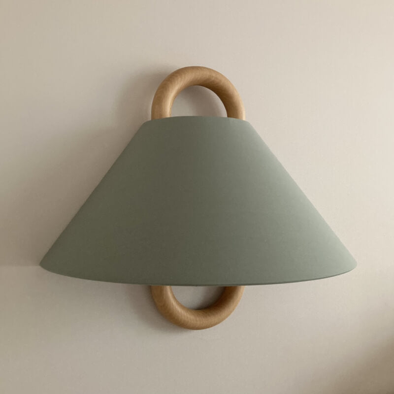 Fabric Half-Moon Wall Sconce with Natural Wood Backplate for Bedroom & Living Room