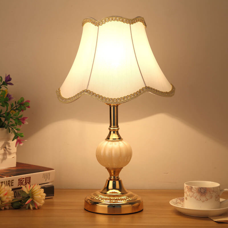 Desk Lamp with Fabric Shade & Metal Base 16.5 Inches High for Bedroom Nightstand Reading Study Room Office Workspace E26 Socket Gold White A