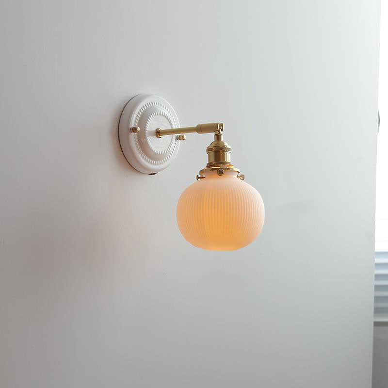 Pleated Shade Wall Sconce Lamp with Brass Arm for Bedroom Living Room & Study | Retro Japanese Style Ceramic Fixture