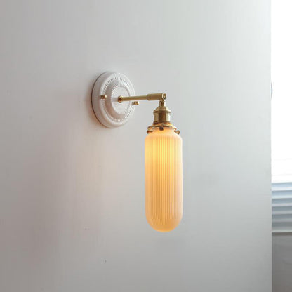 Pleated Shade Wall Sconce Lamp with Brass Arm for Bedroom Living Room & Study | Retro Japanese Style Ceramic Fixture