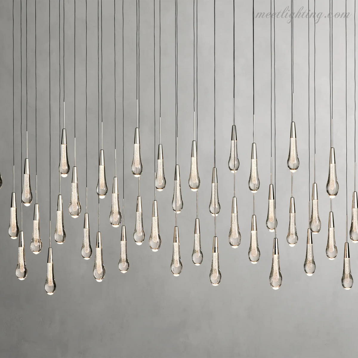 Linear LED Chandelier with Textured Glass Drops – Adjustable Height – Brass Bronze Nickel – 37 to 120 Inch – Dining Room Kitchen Island