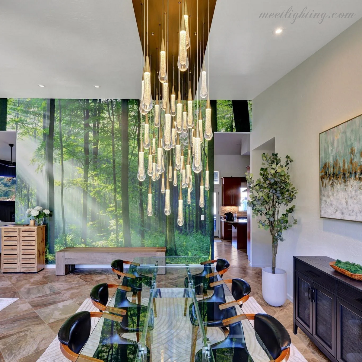 Linear LED Chandelier with Textured Glass Drops – Adjustable Height – Brass Bronze Nickel – 37 to 120 Inch – Dining Room Kitchen Island