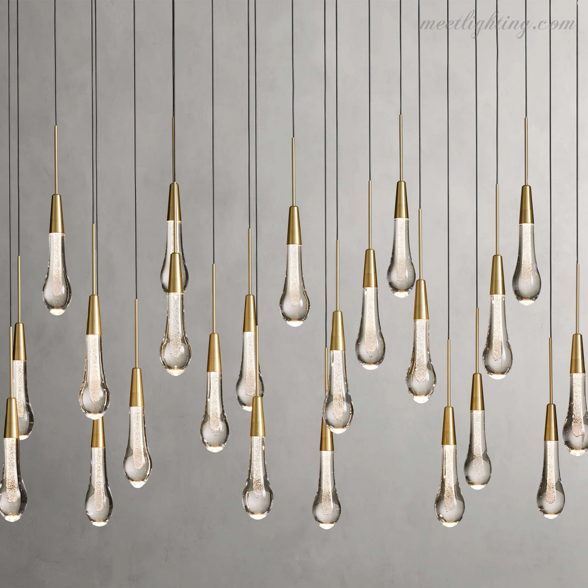 Linear LED Chandelier with Textured Glass Drops – Adjustable Height – Brass Bronze Nickel – 37 to 120 Inch – Dining Room Kitchen Island
