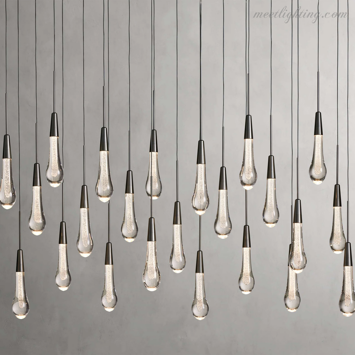 Linear LED Chandelier with Textured Glass Drops – Adjustable Height – Brass Bronze Nickel – 37 to 120 Inch – Dining Room Kitchen Island