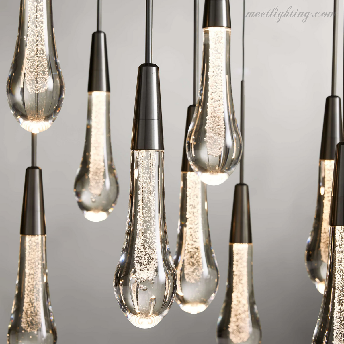 Linear LED Chandelier with Textured Glass Drops – Adjustable Height – Brass Bronze Nickel – 37 to 120 Inch – Dining Room Kitchen Island