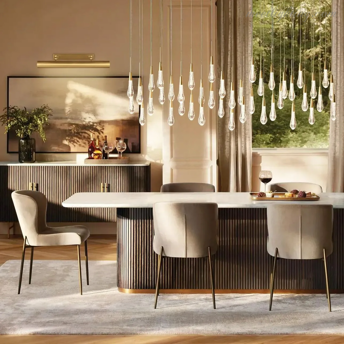 Linear LED Chandelier with Textured Glass Drops – Adjustable Height – Brass Bronze Nickel – 37 to 120 Inch – Dining Room Kitchen Island