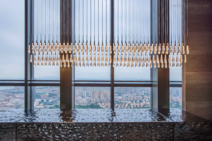Linear LED Chandelier with Textured Glass Drops – Adjustable Height – Brass Bronze Nickel – 37 to 120 Inch – Dining Room Kitchen Island