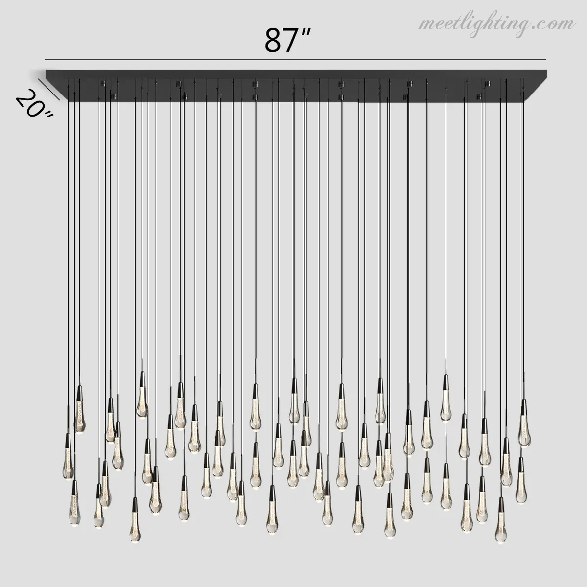 Linear LED Chandelier with Textured Glass Drops – Adjustable Height – Brass Bronze Nickel – 37 to 120 Inch – Dining Room Kitchen Island