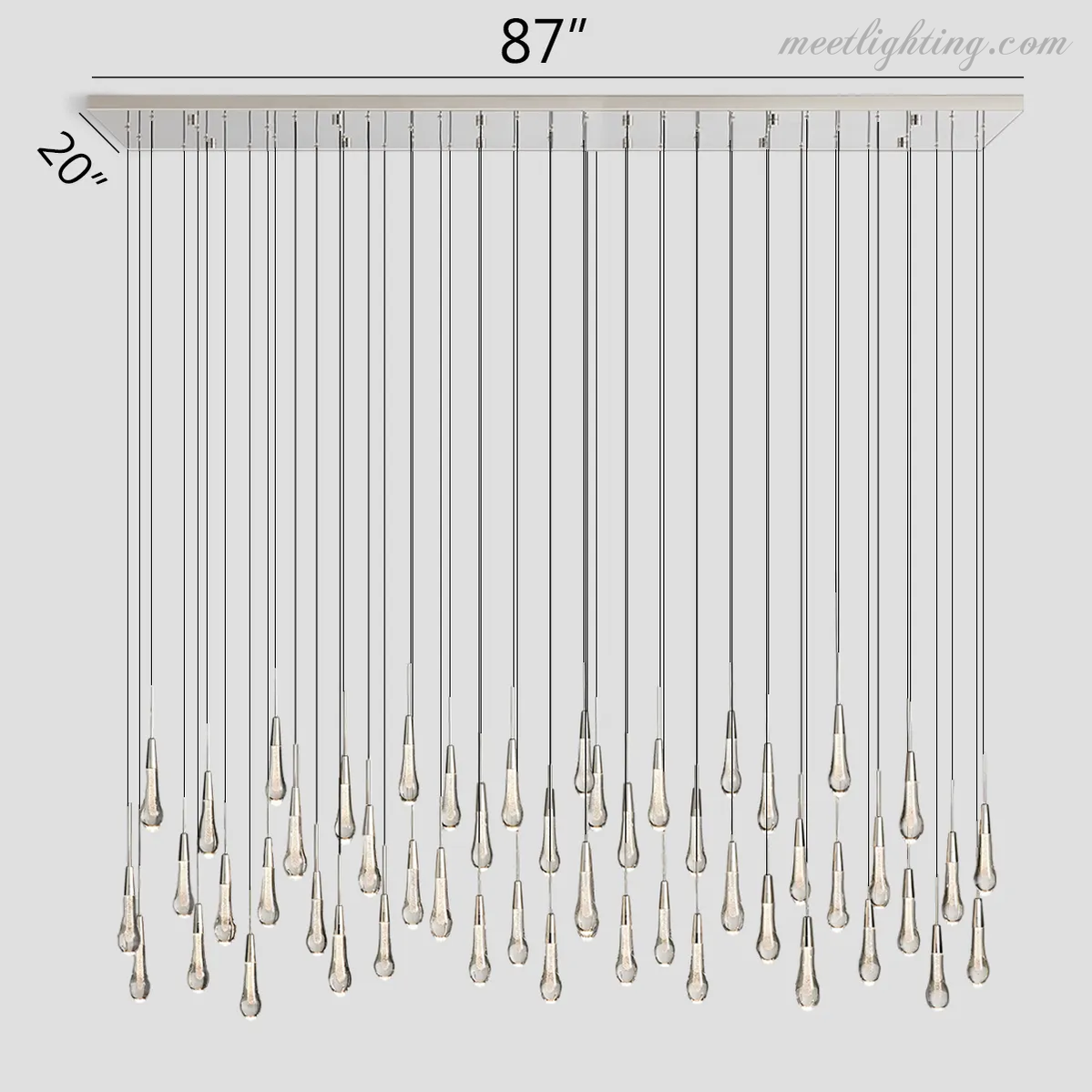 Linear LED Chandelier with Textured Glass Drops – Adjustable Height – Brass Bronze Nickel – 37 to 120 Inch – Dining Room Kitchen Island