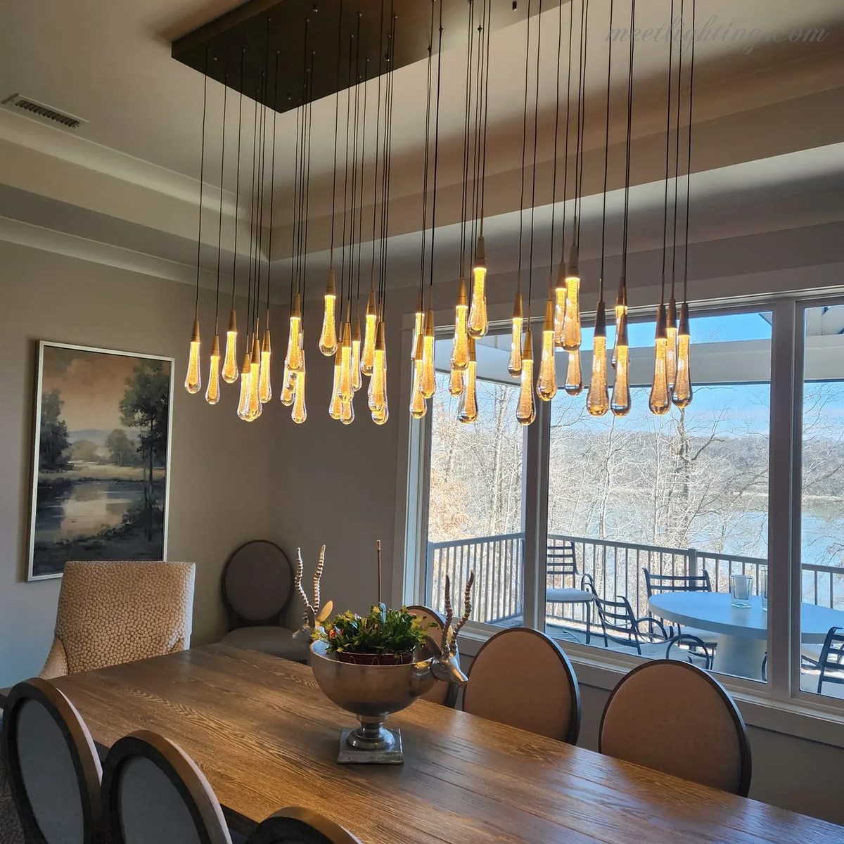 Linear LED Chandelier with Textured Glass Drops – Adjustable Height – Brass Bronze Nickel – 37 to 120 Inch – Dining Room Kitchen Island