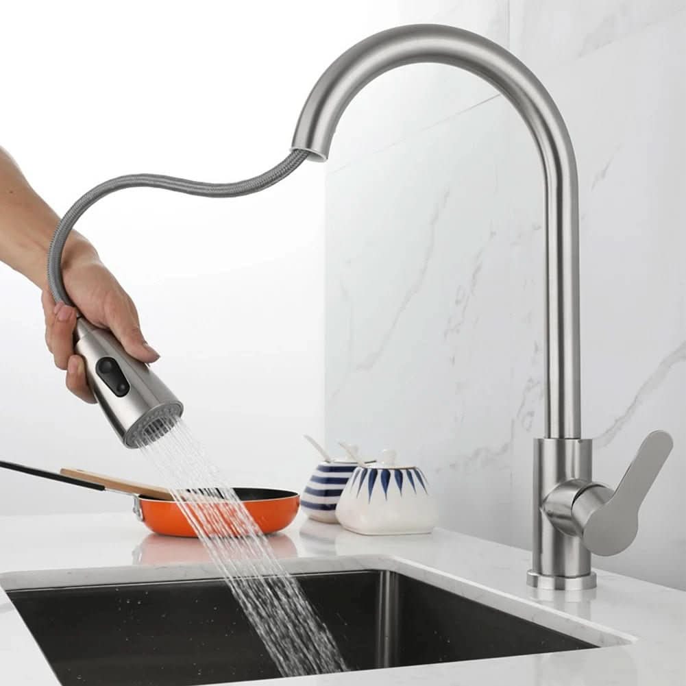 Single-Handle Pull-Down Kitchen Faucet with 360° Swivel Spout – Chrome, Brushed Nickel, Black & Gray Finish Options for Modern Sink