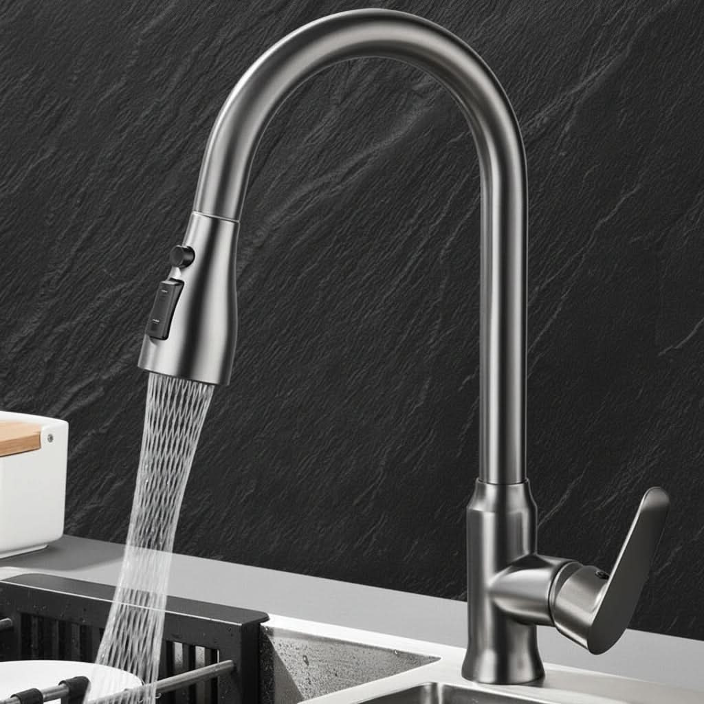 Single-Handle Pull-Down Kitchen Faucet with 360° Swivel Spout – Chrome, Brushed Nickel, Black & Gray Finish Options for Modern Sink