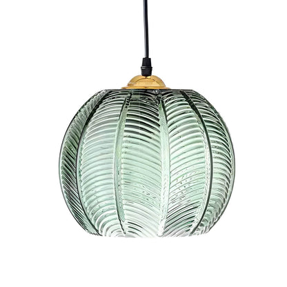 Fluted Globe Hanging Fixture Green Textured Glass Shade 10-Inch E27 Socket Dining Kitchen Island Overhead Lighting for Modern Retro Interior