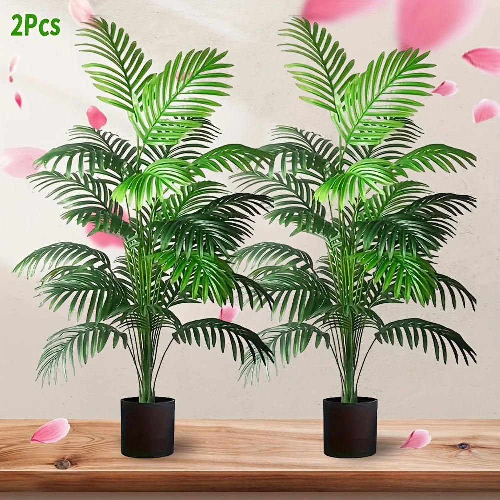 Faux Tropical Palm Plant 35-Inch Tall Duo Indoor Outdoor Green Foliage Living Room Entryway Corner Décor No-Water Maintenance-Free Greenery