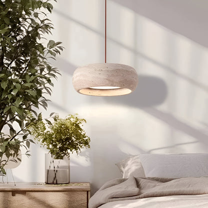 Stone Hanging Lamp 8-Inch Round Natural Travertine Shade Adjustable Drop Cord Ceiling Fixture for Kitchen Island Dining Table Room Modern Or