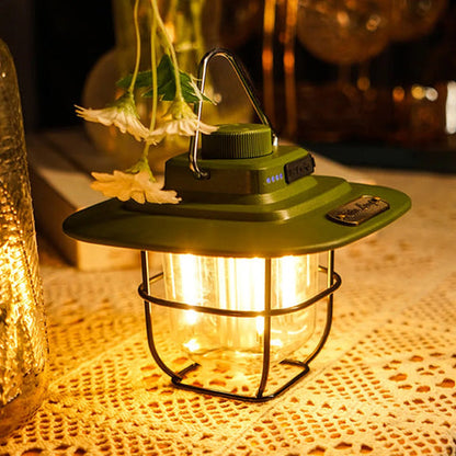 NostalgiaGlow | Linterna de camping LED retro con batería recargable | Iluminación ajustable para un ambiente acogedor al aire libre