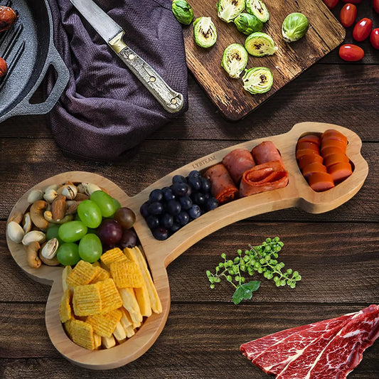 Tabla de charcutería de madera con compartimentos para queso, aperitivos y bocadillos, bandeja de servir de madera oscura para fiestas y noches de juegos