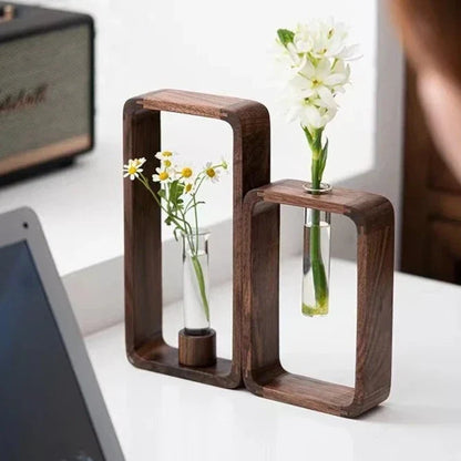 Glass Tube Plant Rooting Station Wood Stand for Cuttings & Propagation | Desktop Hydroponic Vase Holder for Home Office Kitchen | Tabletop I