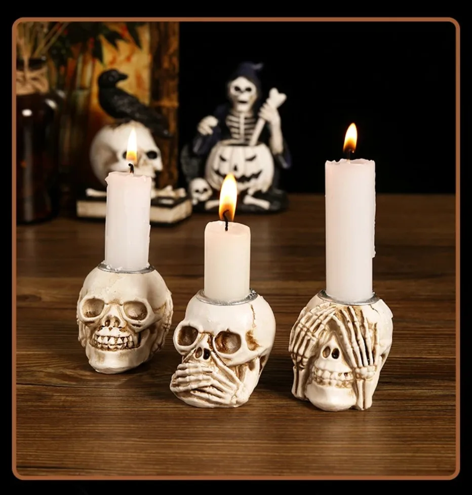 Sable Skullight Candlestick Holders - Resin, Gothic 4-Piece Set