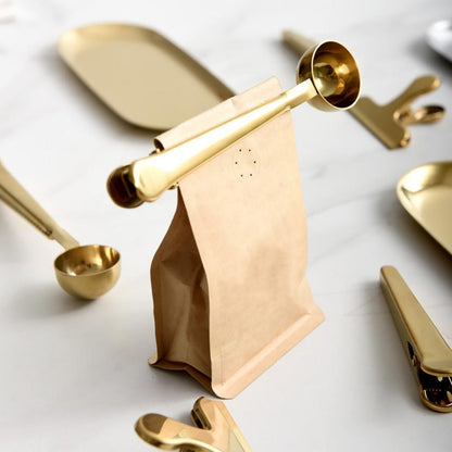 Stainless Steel Measuring Scoop with Bag Sealing Clip for Coffee Beans Tea Leaves Kitchen Storage Organization Silver Gold Black Rose Gold
