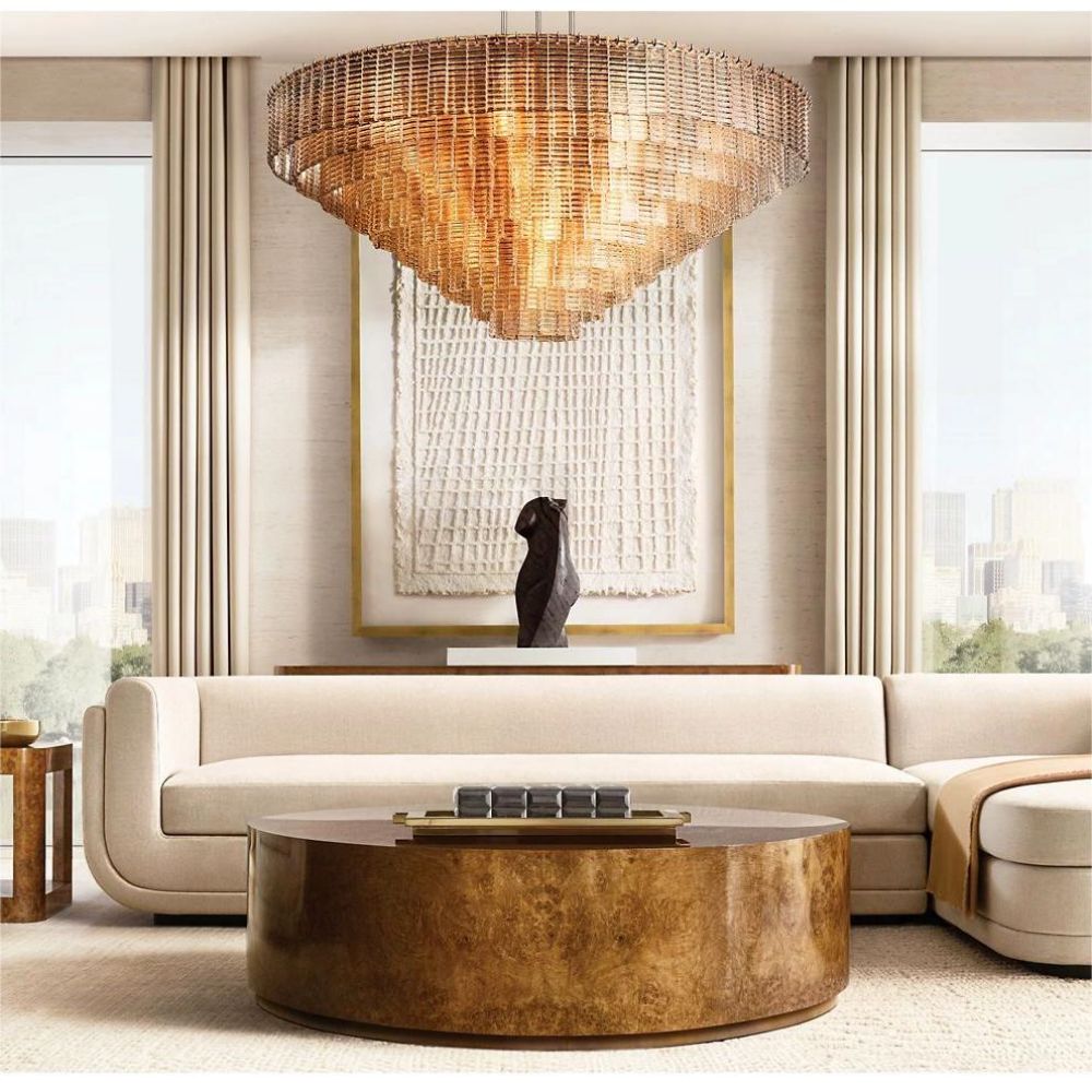 Circular Multi-Tier Art Deco Chandelier with Glass Panels for Dining Room, Foyer & Living Room – Statement Ceiling Light