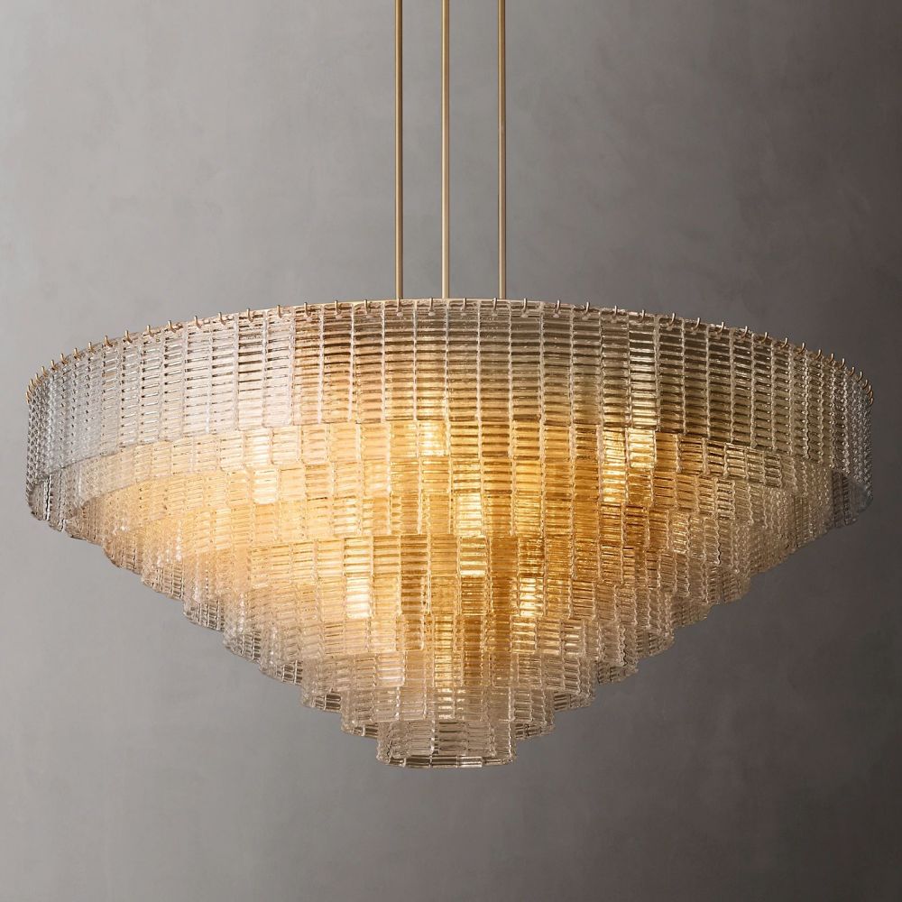 Circular Multi-Tier Art Deco Chandelier with Glass Panels for Dining Room, Foyer & Living Room – Statement Ceiling Light