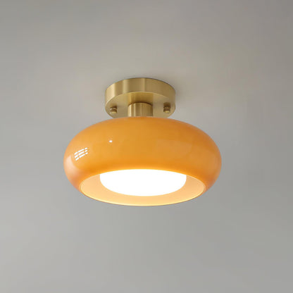 Flush Mount Dome Light Fixture 11 in Wide Gold Metal & Tri-Color Glass for Bathroom Kitchen Hallway Covered Porch E26 Base Vintage Inspired