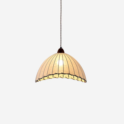 Fabric Dome Ceiling Light White 14 inch Ribbed Scalloped Hanging Fixture for Dining Room Bedroom Adjustable Height Vintage Modern E26 Socket