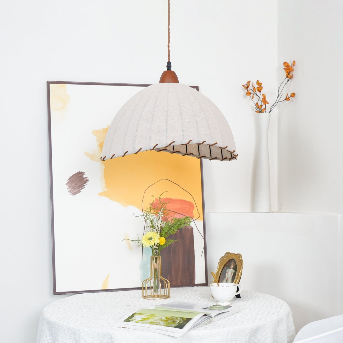 Fabric Dome Ceiling Light White 14 inch Ribbed Scalloped Hanging Fixture for Dining Room Bedroom Adjustable Height Vintage Modern E26 Socket