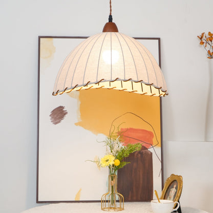 Fabric Dome Ceiling Light White 14 inch Ribbed Scalloped Hanging Fixture for Dining Room Bedroom Adjustable Height Vintage Modern E26 Socket