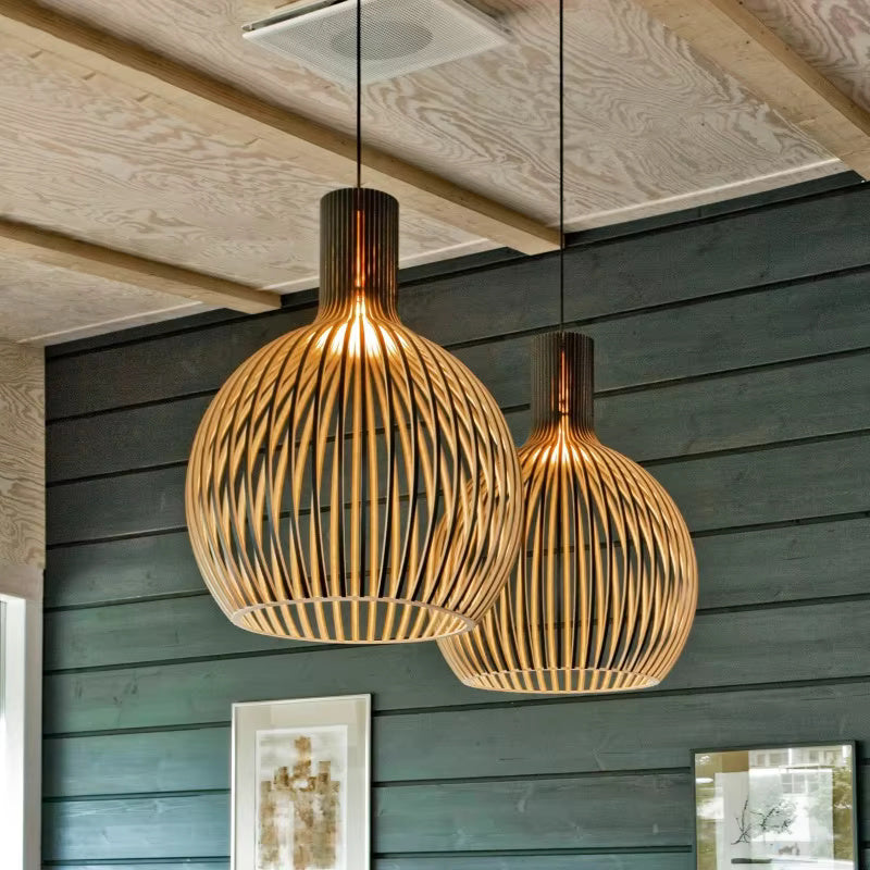 Wooden Sphere Pendant Light – Slat Design Hanging Fixture for Dining Room & Living Room