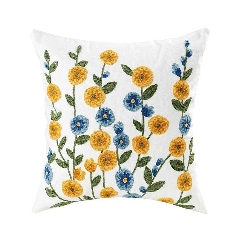 Floral Embroidered Throw Pillow Cover 18x18 Inches Cotton Canvas White Decorative Cushion Case for Couch Bed Chair Farmhouse Modern Living R