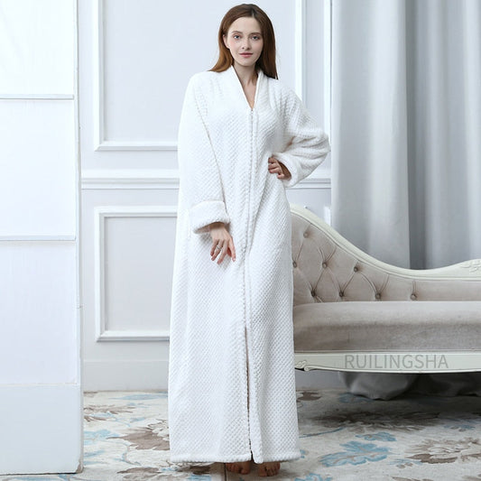 Zippered Fleece Bathrobe for Women & Men Hooded & Non-Hooded Thermal Lounge Robe with Pockets Soft Lightweight Warmth