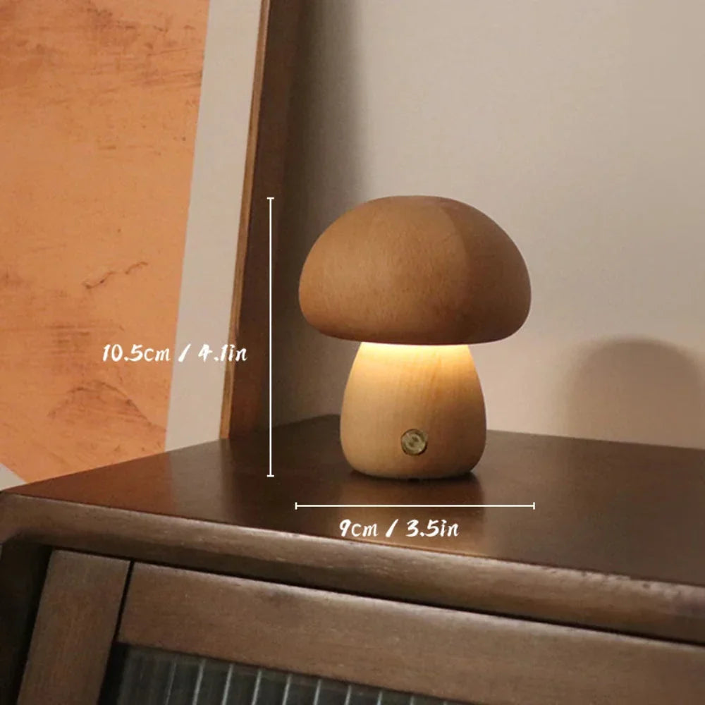 Natural Wood Toadstool Table Lamp with Adjustable Glow and USB Charging for Bedroom, Nursery, or Living Room Ambient Lighting
