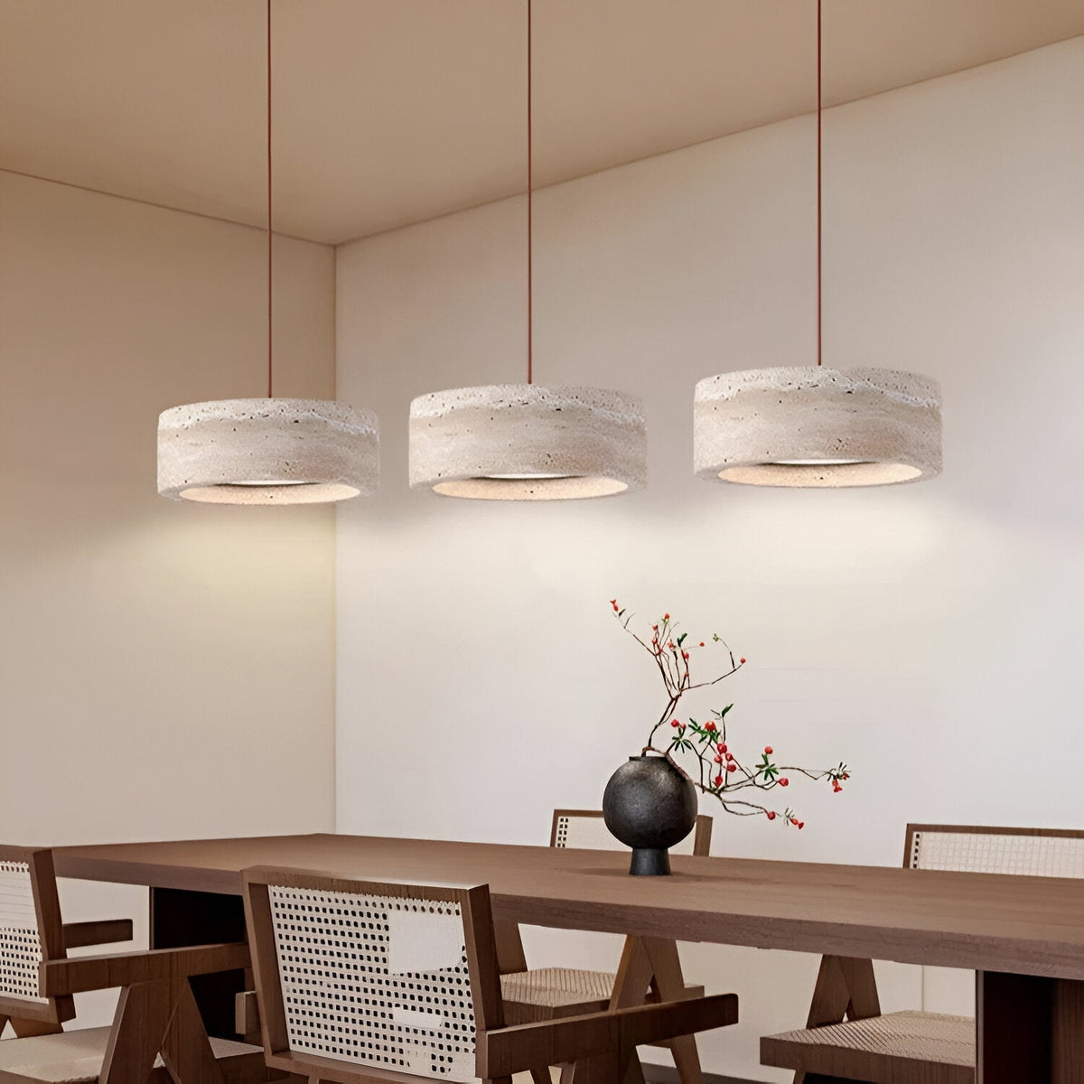 Stone Hanging Lamp 8-Inch Round Natural Travertine Shade Adjustable Drop Cord Ceiling Fixture for Kitchen Island Dining Table Room Modern Or