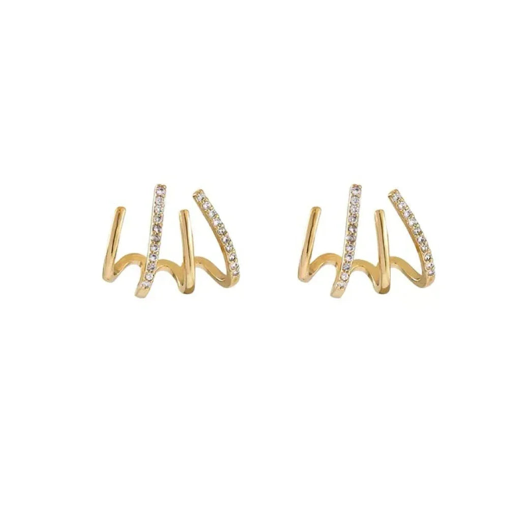 Multi-Hoop Ear Crawler Studs with Cubic Zirconia – Four-Band Layered Earrings for Women – Elegant Stacked Hoop Look Without Extra Piercings