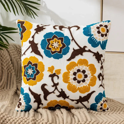 Floral Embroidered Throw Pillow Cover 18x18 Inches Cotton Canvas White Decorative Cushion Case for Couch Bed Chair Farmhouse Modern Living R