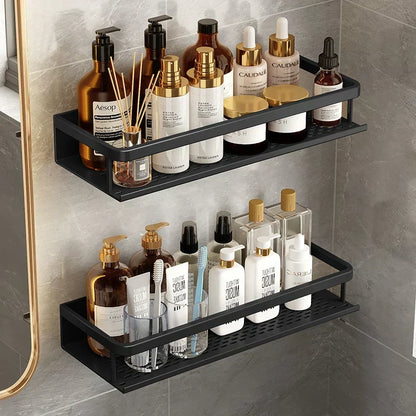 Wall-Mount Aluminum Bathroom Caddy – Black Storage Ledge for Soap, Shampoo & Toiletries – Space-Saving Organizer for Shower & Kitchen