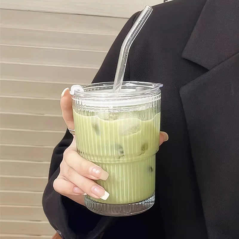 Glass Travel Tumbler with Straw & Lid for Coffee, Tea & Juice - Insulated Borosilicate Cup with Ribbed Design - Reusable Portable Drinkware