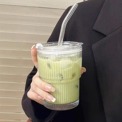 Glass Travel Tumbler with Straw & Lid for Coffee, Tea & Juice - Insulated Borosilicate Cup with Ribbed Design - Reusable Portable Drinkware