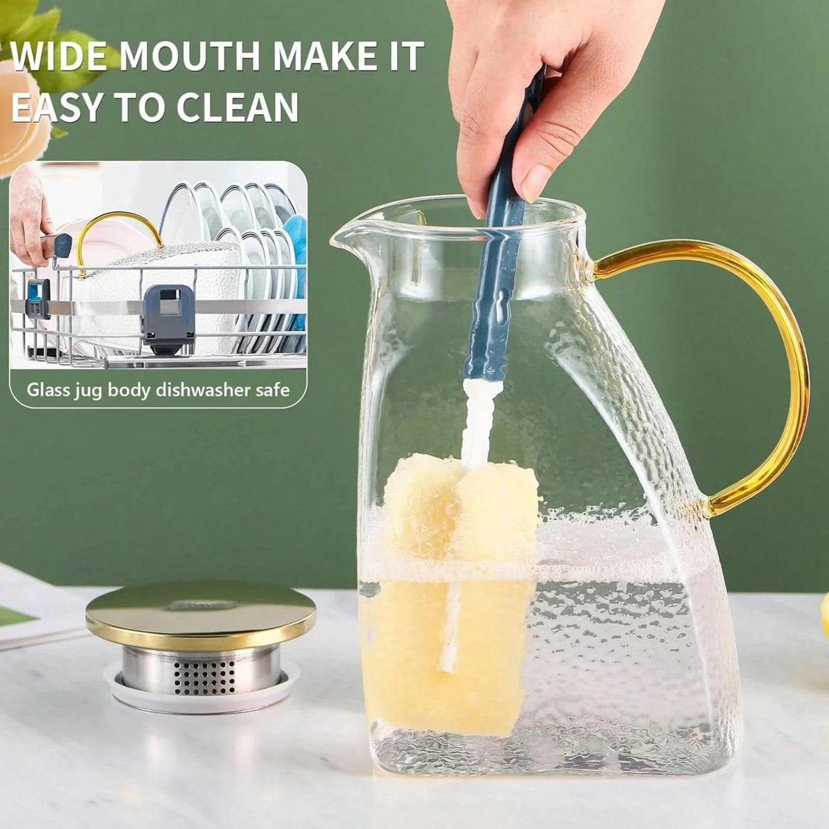 Jarra de vidrio elegante | Jarra de borosilicato con tapa y filtro | Perfecta para té helado y bebidas infusionadas