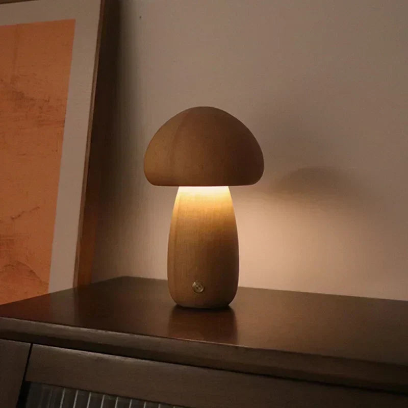 Rechargeable LED Mushroom Night Light with Touch Dimmer for Bedside, Nursery & Kids Room | Cordless Wooden Lamp