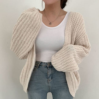 Chunky Knit Open Front Cardigan Sweater for Women – Oversized Cable Knit Duster with Balloon Sleeves – Fall Layering Cardigan