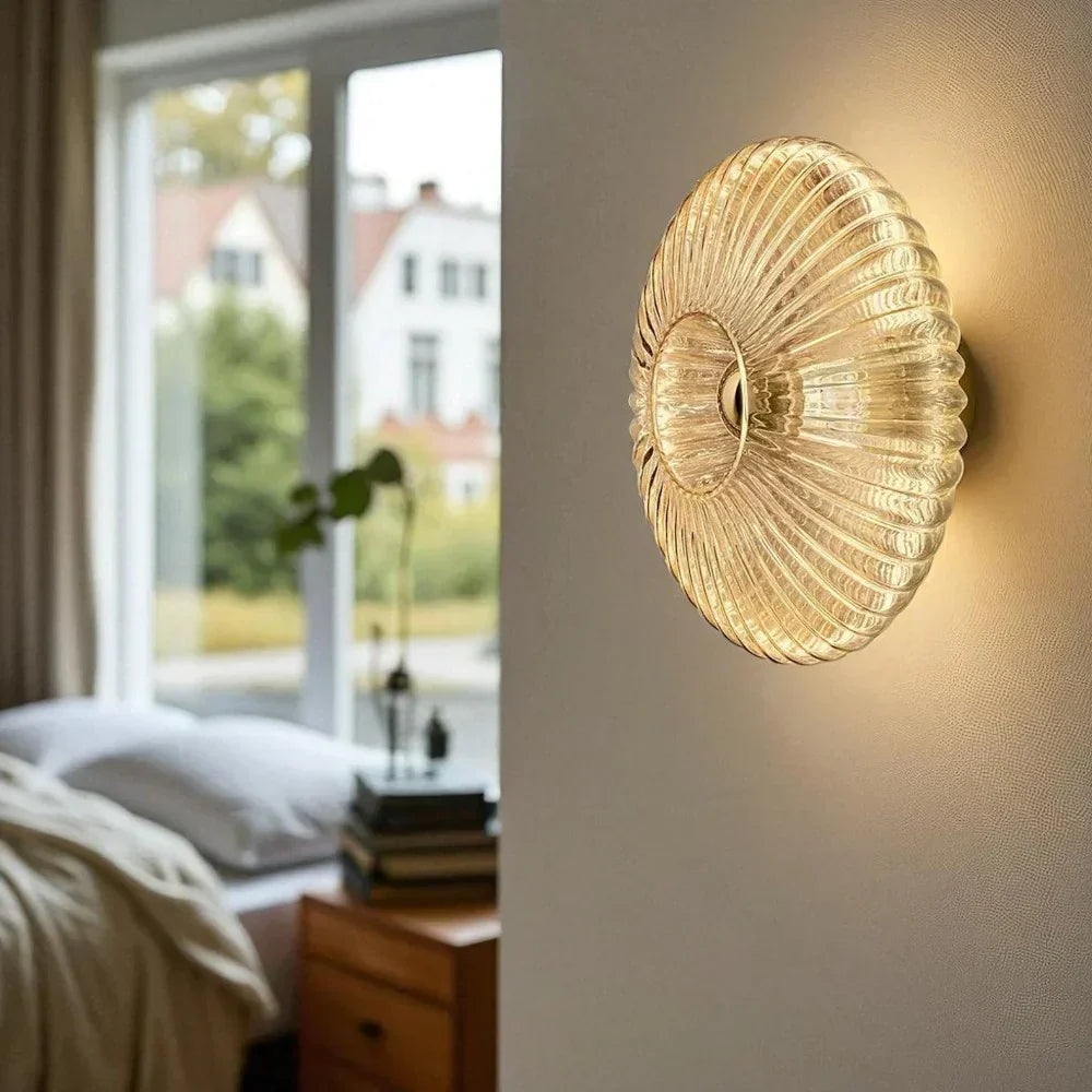 Textured Glass Wall Sconce Amber Finish Shell Design Bedroom Hallway Lighting Indoor Mounted Accent Fixture Vintage Modern Decorative Light