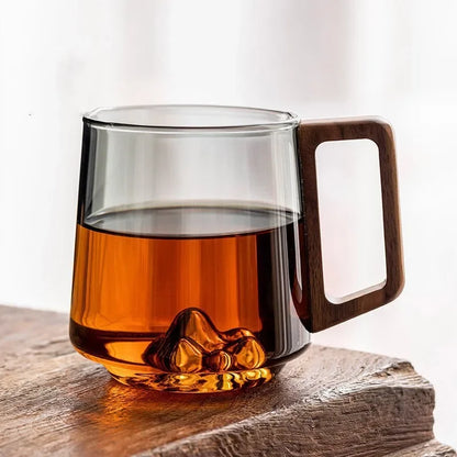 Alpine-Inspired Clear Glass Coffee Mug with Wooden Handle for Tea, Coffee & Hot Beverages | Borosilicate Heat-Resistant Drinkware for Home,